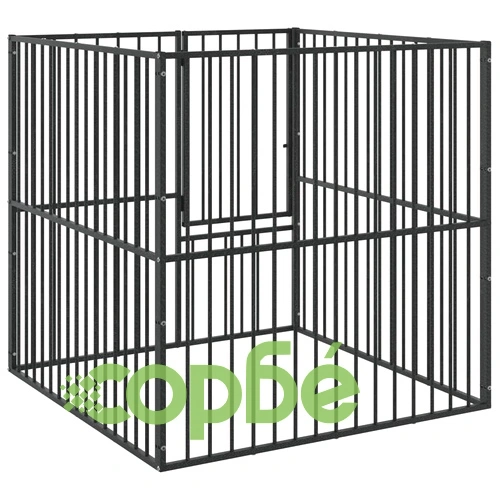 Кошара за кучета с 4 панела, черна, поцинкована стомана ➤ топ цена ➤ sorbe.bg