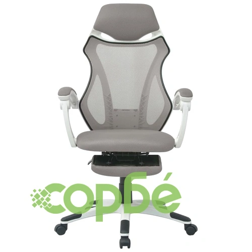 Офис стол, накланящ се, подложка за крака, плат, бяло и сиво ➤ топ цена ➤ sorbe.bg