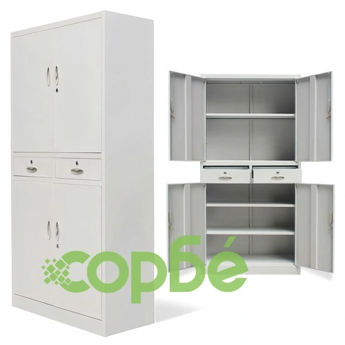 Офис шкаф с 4 врати и 2 чекмеджета, сив, 180 см, стомана ➤ топ цена ➤ sorbe.bg