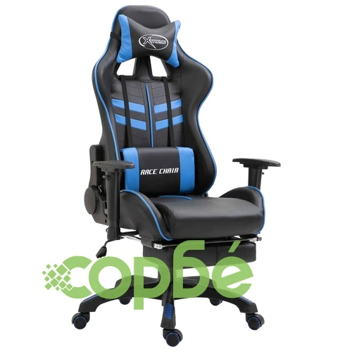 Геймърски стол с подложка за крака, синьо, изкуствена кожа ➤ топ цена ➤ sorbe.bg