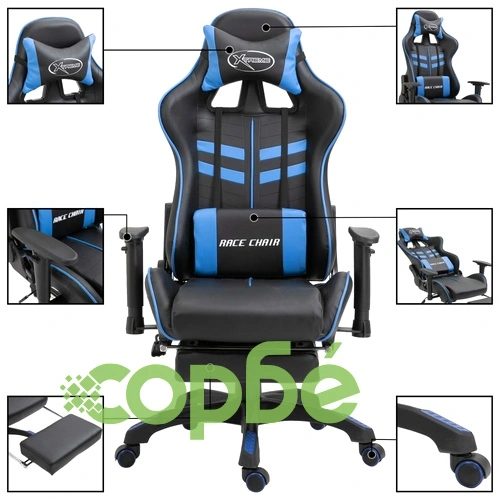 Геймърски стол с подложка за крака, синьо, изкуствена кожа ➤ топ цена ➤ sorbe.bg
