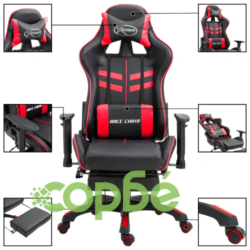 Геймърски стол с подложка за крака, червено, изкуствена кожа ➤ топ цена ➤ sorbe.bg