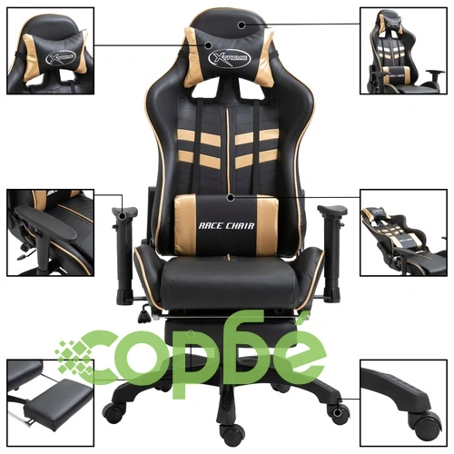 Геймърски стол с подложка за крака, златисто, изкуствена кожа ➤ топ цена ➤ sorbe.bg