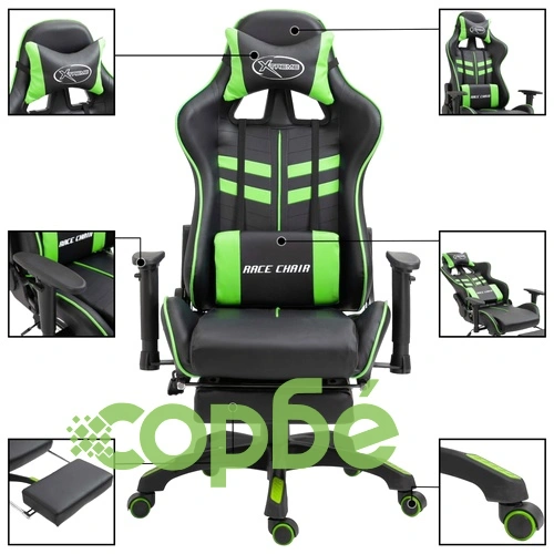 Геймърски стол с подложка за крака, зелено, изкуствена кожа ➤ топ цена ➤ sorbe.bg