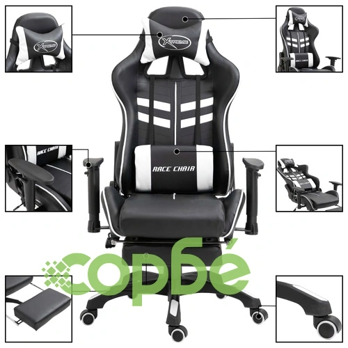 Геймърски стол с подложка за крака, бяло, изкуствена кожа ➤ топ цена ➤ sorbe.bg