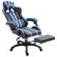 Геймърски стол с подложка за крака, синьо, изкуствена кожа