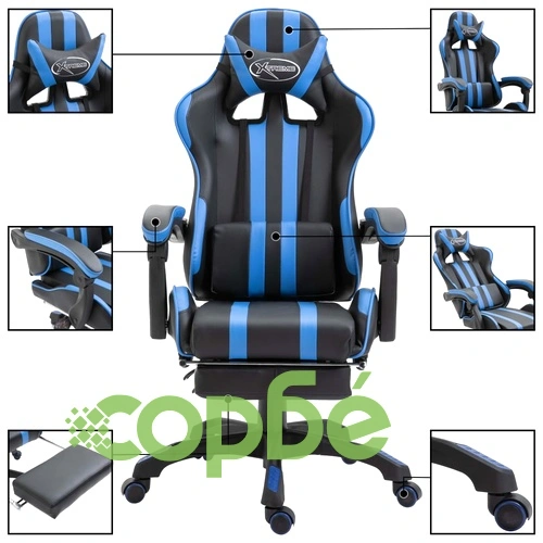 Геймърски стол с подложка за крака, синьо, изкуствена кожа ➤ топ цена ➤ sorbe.bg