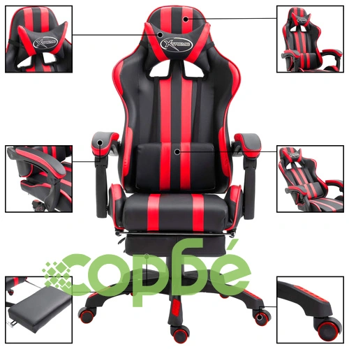 Геймърски стол с подложка за крака, червено, изкуствена кожа ➤ топ цена ➤ sorbe.bg