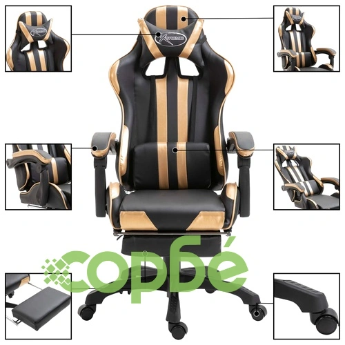 Геймърски стол с подложка за крака, златисто, изкуствена кожа ➤ топ цена ➤ sorbe.bg