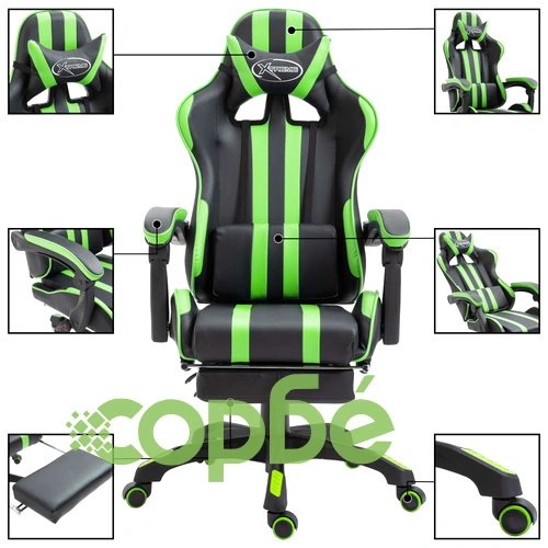 Геймърски стол с подложка за крака, зелено, изкуствена кожа ➤ топ цена ➤ sorbe.bg