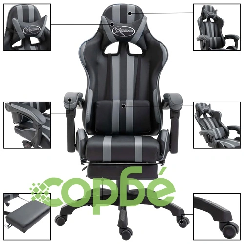 Геймърски стол с подложка за крака, сиво, изкуствена кожа ➤ топ цена ➤ sorbe.bg