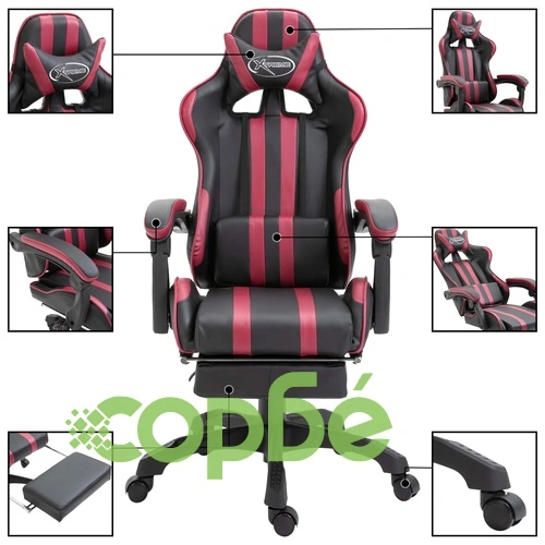 Геймърски стол с подложка за крака виненочервен изкуствена кожа ➤ топ цена ➤ sorbe.bg