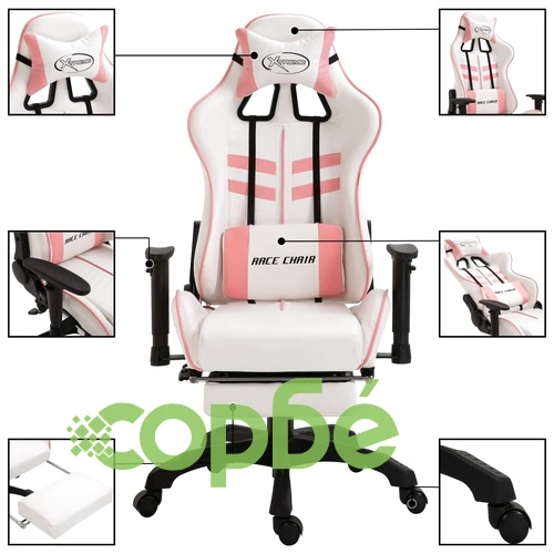 Геймърски стол с подложка за крака, розово, изкуствена кожа ➤ топ цена ➤ sorbe.bg