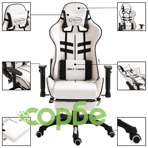 Геймърски стол с подложка за крака, черно, изкуствена кожа ➤ топ цена ➤ sorbe.bg