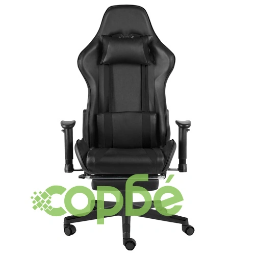 Въртящ геймърски стол с подложка за крака, черен, PVC ➤ топ цена ➤ sorbe.bg