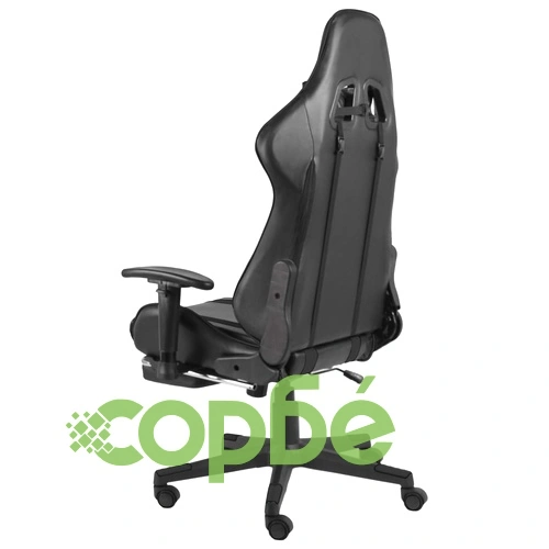 Въртящ геймърски стол с подложка за крака, черен, PVC ➤ топ цена ➤ sorbe.bg