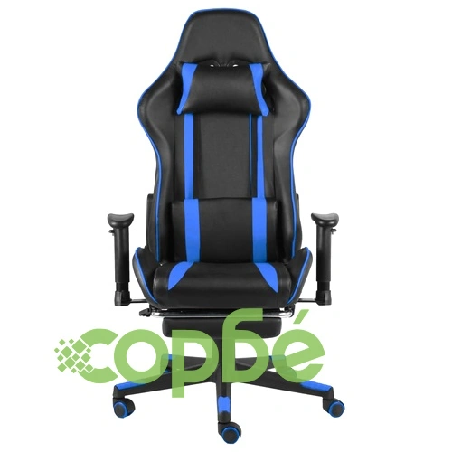 Въртящ геймърски стол с подложка за крака, син, PVC ➤ топ цена ➤ sorbe.bg