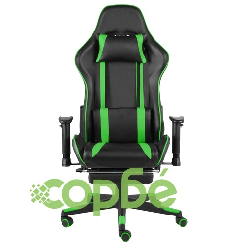 Въртящ геймърски стол с подложка за крака, зелен, PVC ➤ топ цена ➤ sorbe.bg