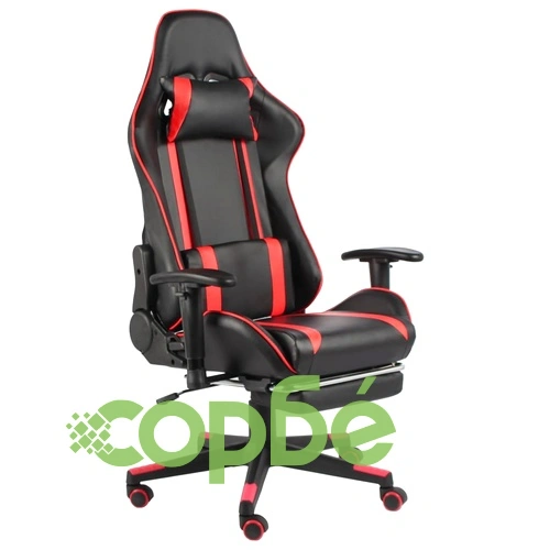 Въртящ геймърски стол с подложка за крака, червен, PVC ➤ топ цена ➤ sorbe.bg