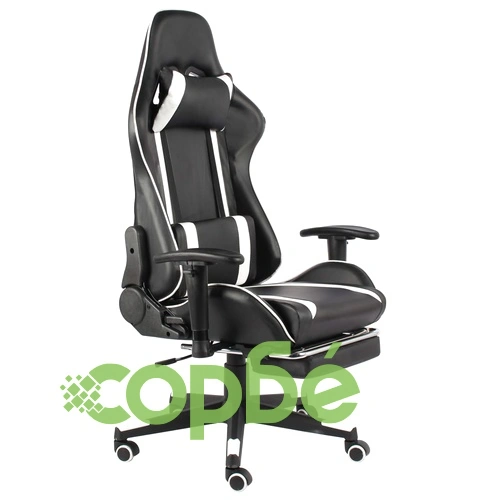 Въртящ геймърски стол с подложка за крака, бял, PVC ➤ топ цена ➤ sorbe.bg