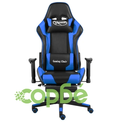 Въртящ геймърски стол с подложка за крака, син, PVC ➤ топ цена ➤ sorbe.bg