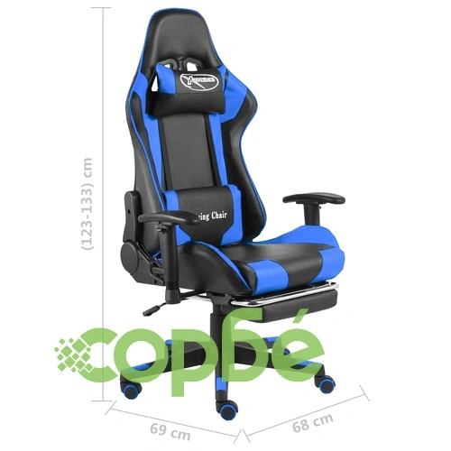 Въртящ геймърски стол с подложка за крака, син, PVC ➤ топ цена ➤ sorbe.bg