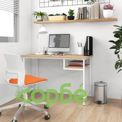 Компютърно бюро, бяло и светъл дъб, 105x55x72 см, МДФ и метал ➤ топ цена ➤ sorbe.bg