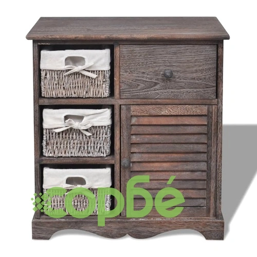 Дървен шкаф, 3 тъкани кошници отляво, кафяв  ➤ топ цена ➤ sorbe.bg