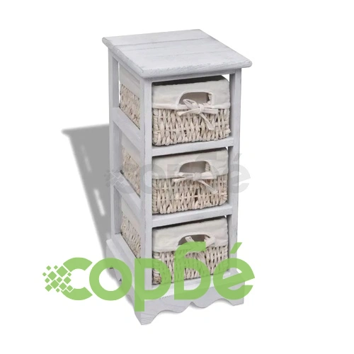 Бял дървен стелаж с 3 плетени кошници за съхранение  ➤ топ цена ➤ sorbe.bg