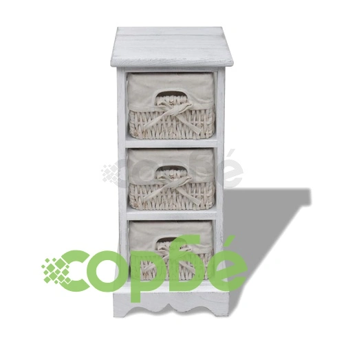 Бял дървен стелаж с 3 плетени кошници за съхранение  ➤ топ цена ➤ sorbe.bg