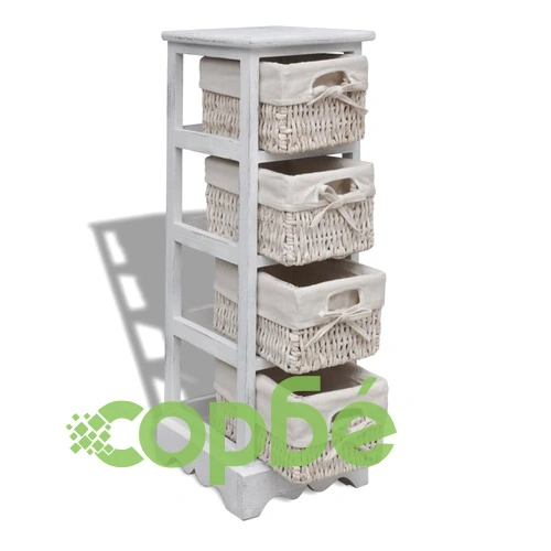 Бял дървен стелаж с 4 плетени кошници за съхранение  ➤ топ цена ➤ sorbe.bg