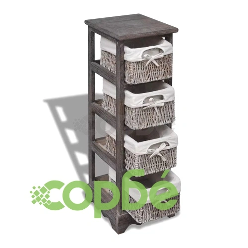 Кафяв дървен стелаж с 4 плетени кошници за съхранение  ➤ топ цена ➤ sorbe.bg