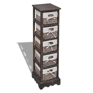 Кафяв дървен стелаж с 5 плетени кошници за съхранение 