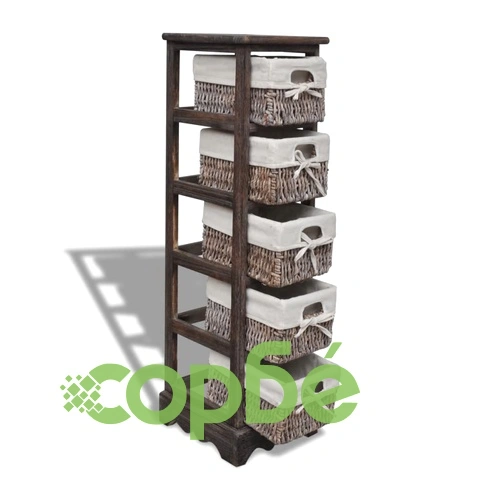 Кафяв дървен стелаж с 5 плетени кошници за съхранение  ➤ топ цена ➤ sorbe.bg