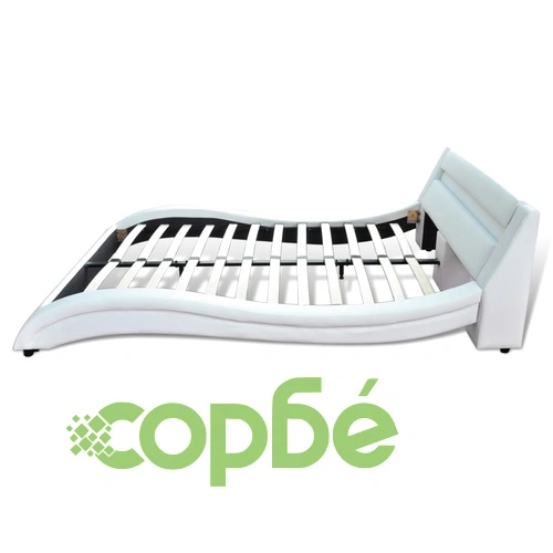 Легло от изкуствена кожа с LED лента, 140 см, заоблена рамка, бяло ➤ топ цена ➤ sorbe.bg
