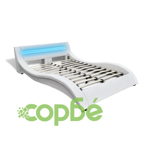 Легло от изкуствена кожа с LED лента, 140 см, заоблена рамка, бяло ➤ топ цена ➤ sorbe.bg