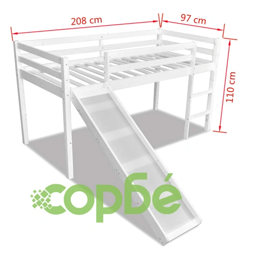 Високо бяло детско легло със стъбла и пързалка 208 х 97 х 110 см ➤ топ цена ➤ sorbe.bg