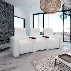 3-местен реклайнер за домашно кино, бял, изкуствена кожа