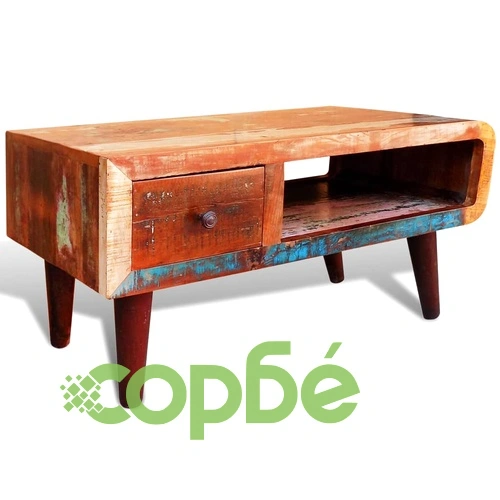 Маса за кафе със заоблен ръб и 1 чекмедже, регенерирано дърво  ➤ топ цена ➤ sorbe.bg