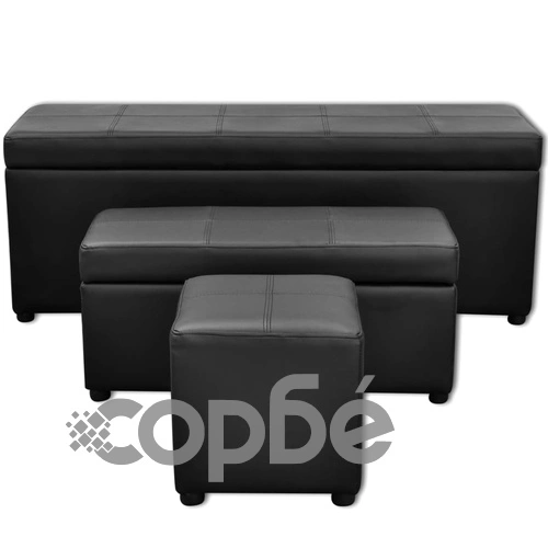 Пейки с място за съхранение и табуретка, черна изкуствена кожа - 3 бр ➤ топ цена ➤ sorbe.bg