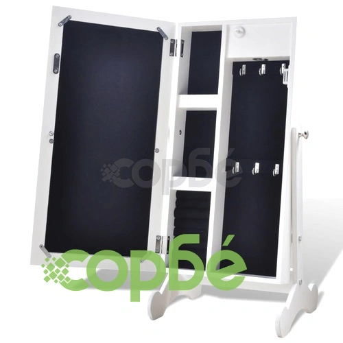 Шкаф за бижута с огледало и LED светлини, бял цвят ➤ топ цена ➤ sorbe.bg