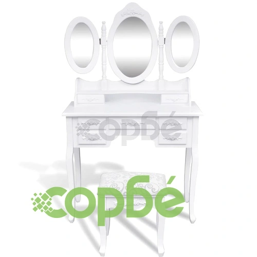 Тоалетка с табуретка и 3 огледала, бяла  ➤ топ цена ➤ sorbe.bg