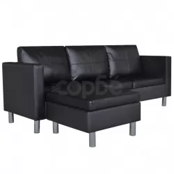 Триместен L-образен диван, изкуствена кожа, черен   