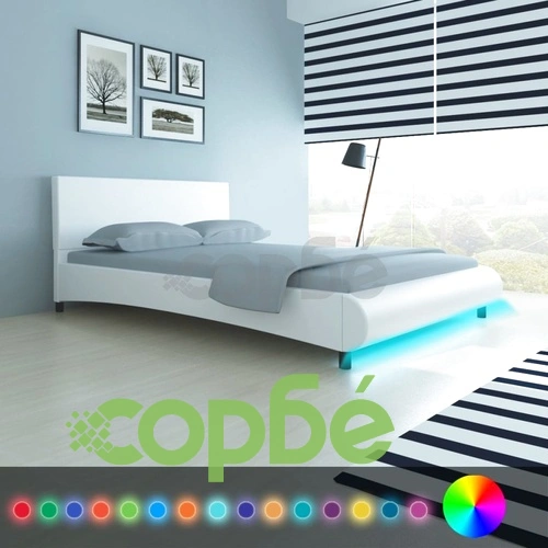 Рамка за легло с LED, бяла, изкуствена кожа, 140x200 cм ➤ топ цена ➤ sorbe.bg