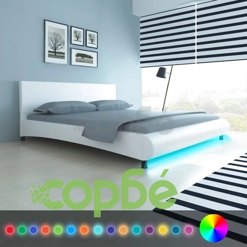 Рамка за легло с LED, бяла, изкуствена кожа, 180x200 cм ➤ топ цена ➤ sorbe.bg