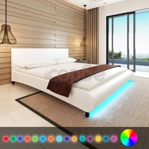 Рамка за легло с LED, бяла, изкуствена кожа, 180x200 cм