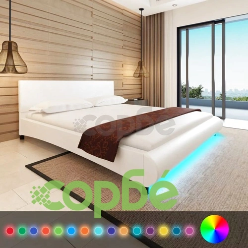 Рамка за легло с LED, бяла, изкуствена кожа, 180x200 cм ➤ топ цена ➤ sorbe.bg
