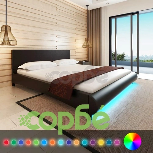 Рамка за легло с LED, черна, изкуствена кожа, 180x200 cм ➤ топ цена ➤ sorbe.bg
