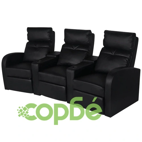 Диван реклайнер, триместен, изкуствена кожа, черен  ➤ топ цена ➤ sorbe.bg