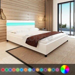 Рамка за легло с LED, бяла, изкуствена кожа, 160x200 cм